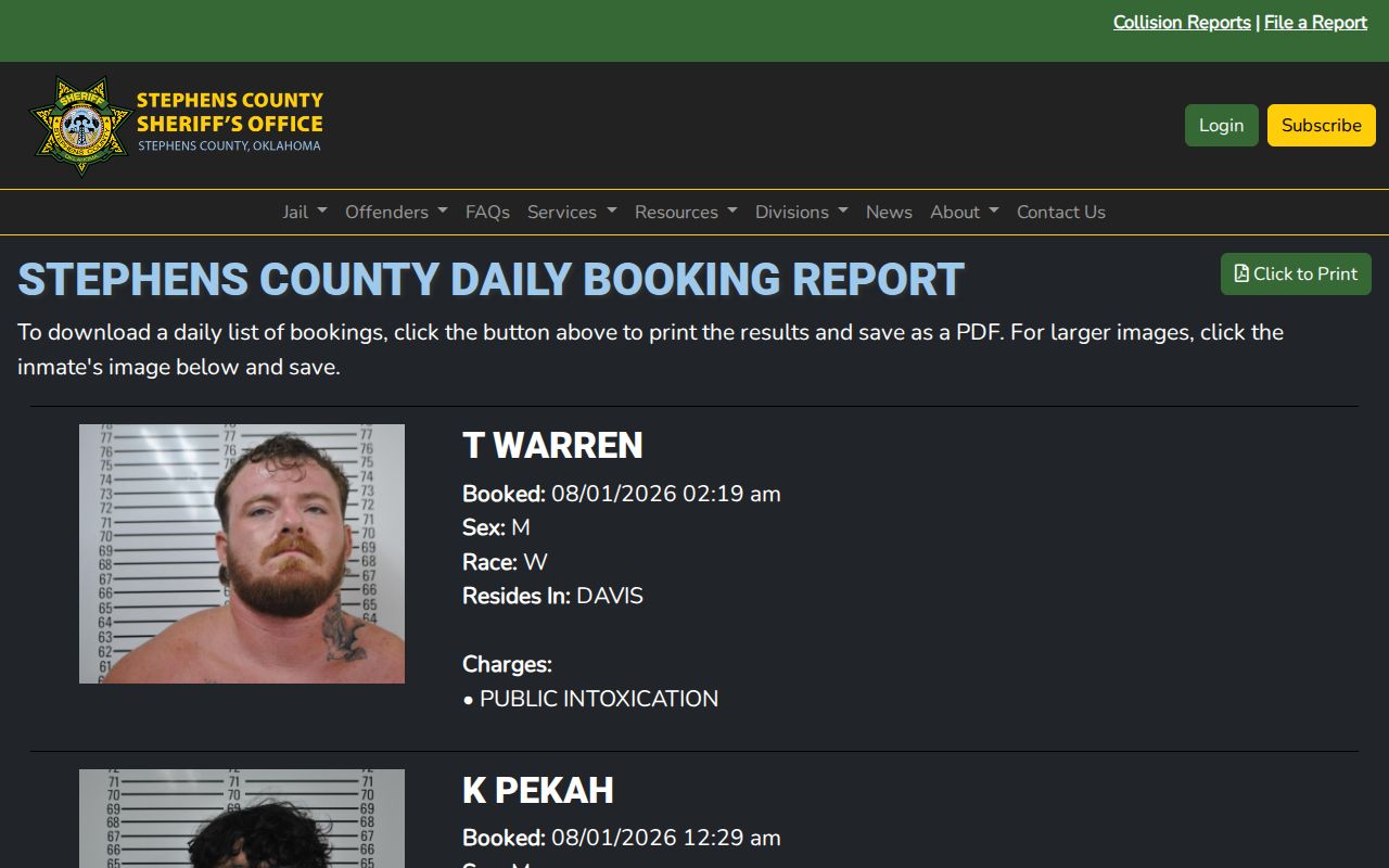 Stephens County 24-hour booking report, not a release list