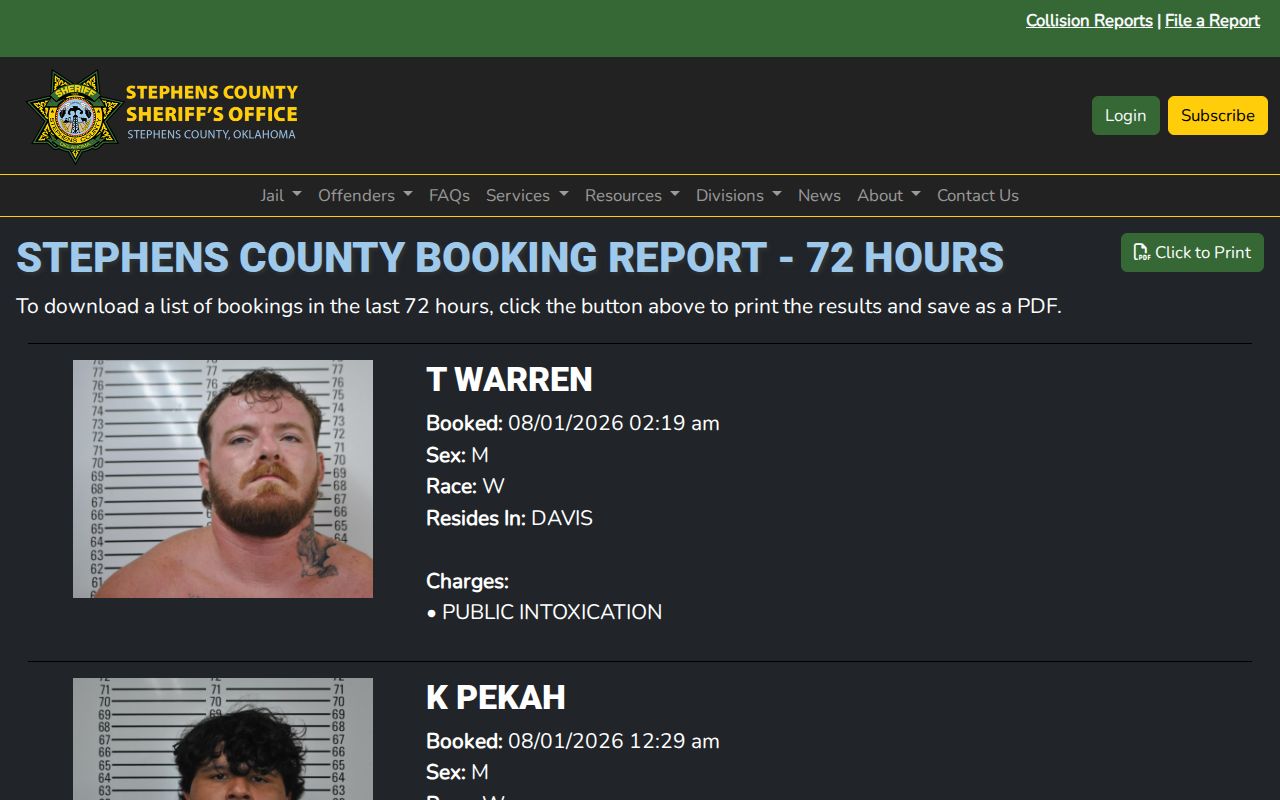 Stephens County 72-hour booking report, not a release record